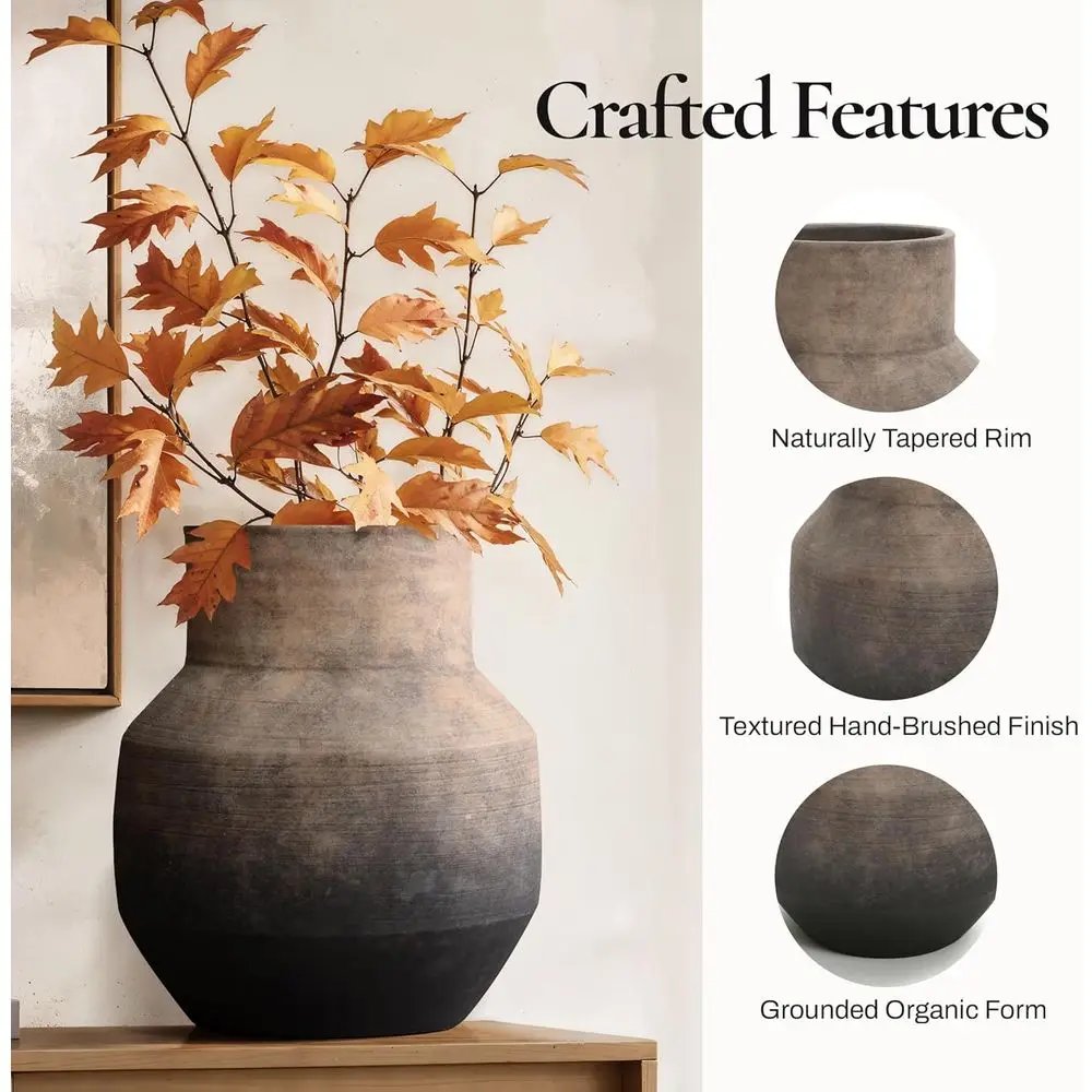 Rustic Terracotta Vase, Vintage Pottery for Home Decor, Brown Ombre, 11 Round Decorative Vase for Living Room