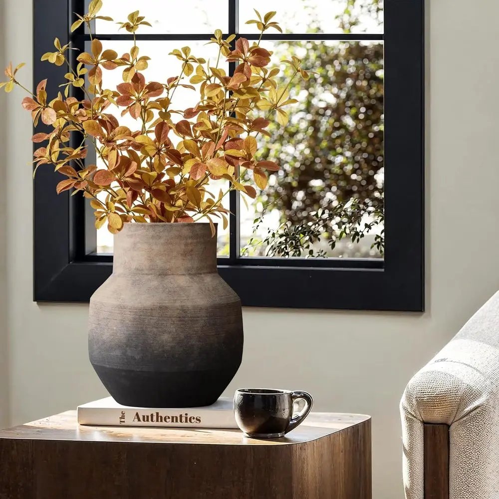 Rustic Terracotta Vase, Vintage Pottery for Home Decor, Brown Ombre, 11 Round Decorative Vase for Living Room