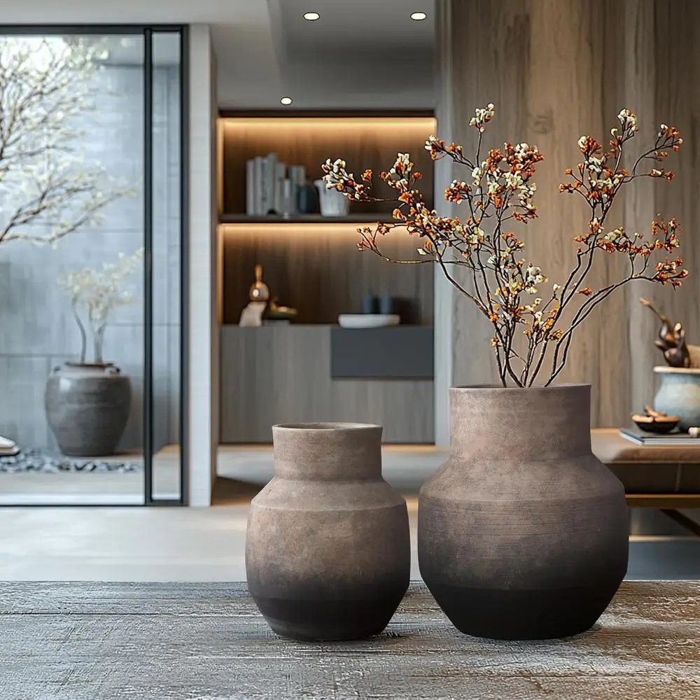Rustic Terracotta Vase, Vintage Pottery for Home Decor, Brown Ombre, 11 Round Decorative Vase for Living Room