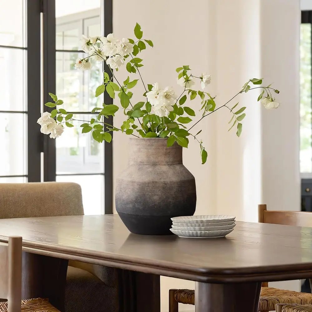 Rustic Terracotta Vase, Vintage Pottery for Home Decor, Brown Ombre, 11 Round Decorative Vase for Living Room
