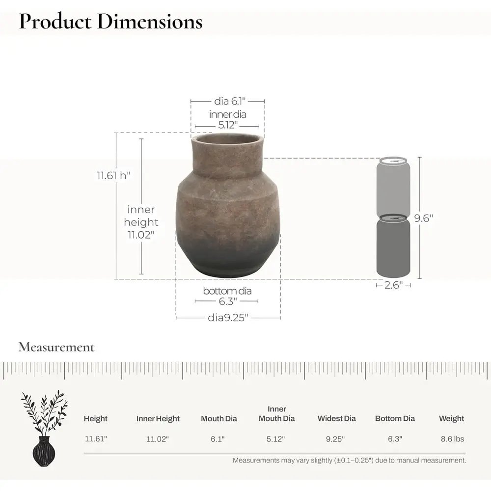 Rustic Terracotta Vase, Vintage Pottery for Home Decor, Brown Ombre, 11 Round Decorative Vase for Living Room