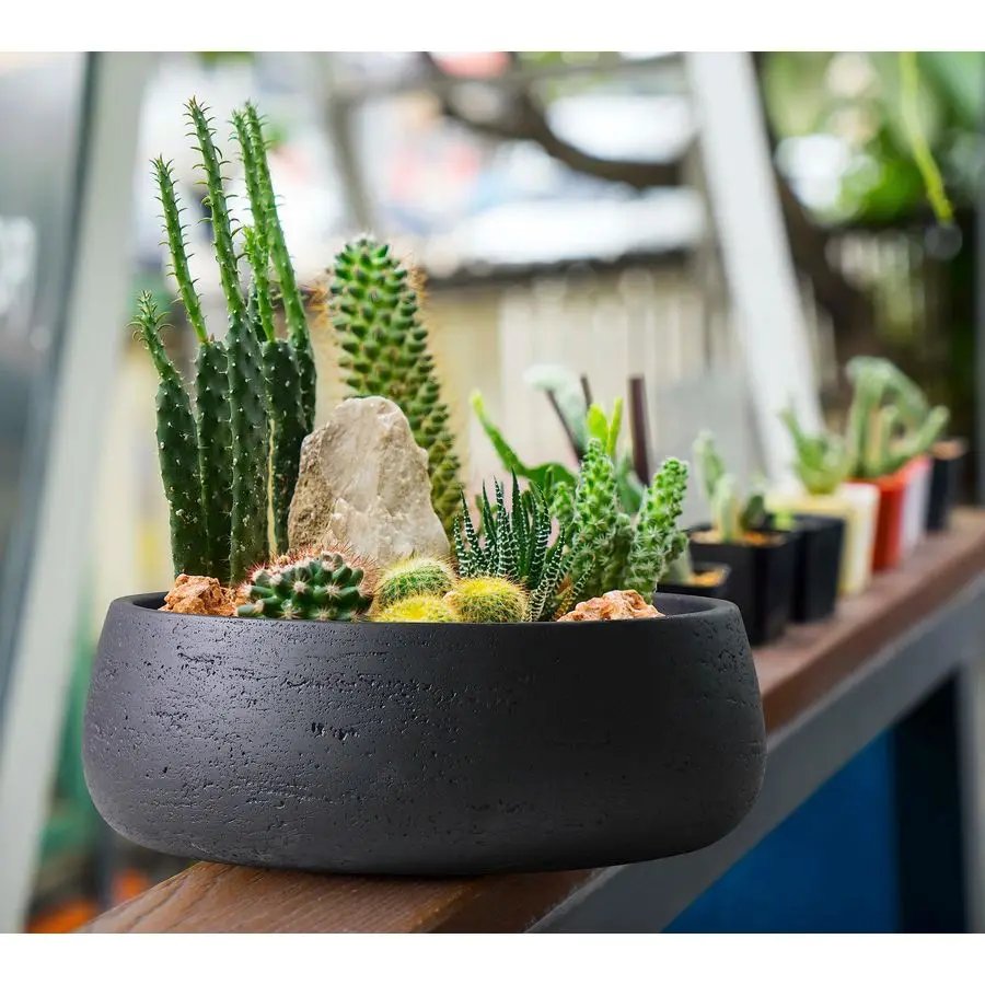 Large Ceramic Planter Bowl Shallow Plant Pot Matt Black Flower Pot Indoor and Outdoor Garden Decor