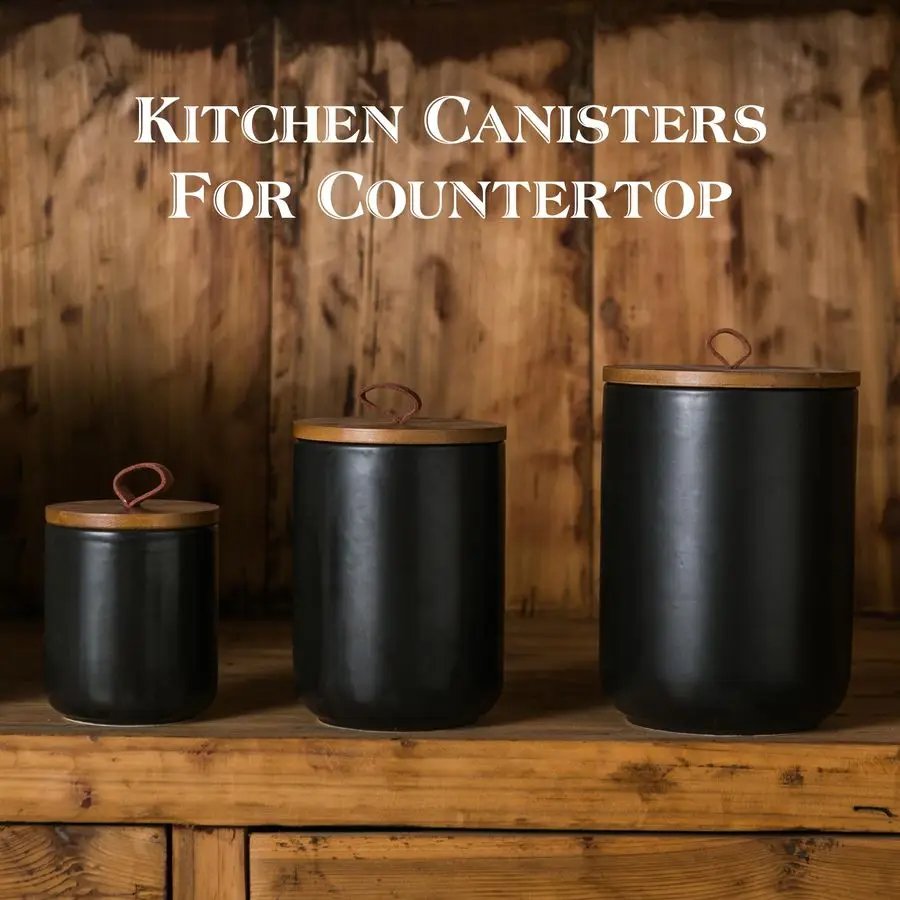 Black Ceramic Canister Set with Wooden Lid, 3Piece Airtight Food Storage Jars for Kitchen Counter Flour, Sugar, Coffee, Tea, Spi