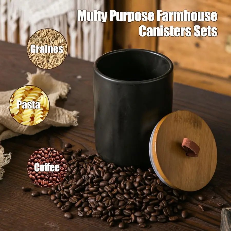 Black Ceramic Canister Set with Wooden Lid, 3Piece Airtight Food Storage Jars for Kitchen Counter Flour, Sugar, Coffee, Tea, Spi