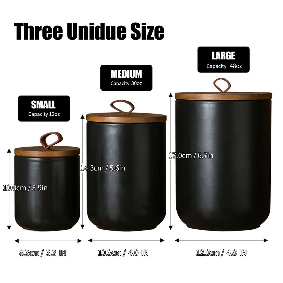 Black Ceramic Canister Set with Wooden Lid, 3Piece Airtight Food Storage Jars for Kitchen Counter Flour, Sugar, Coffee, Tea, Spi