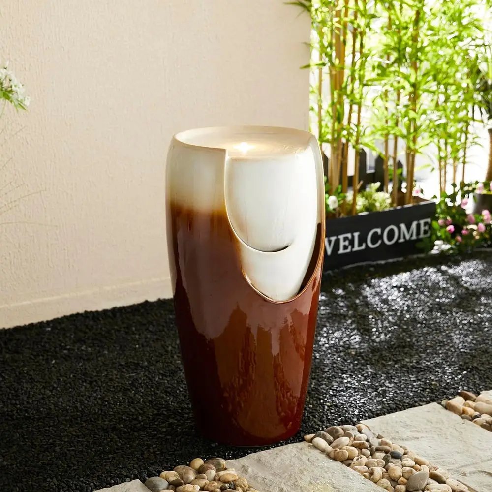 Outdoor Tall Sand Beige Ceramic Vase Fountain with LED Light and Pump for Patio Garden Decor