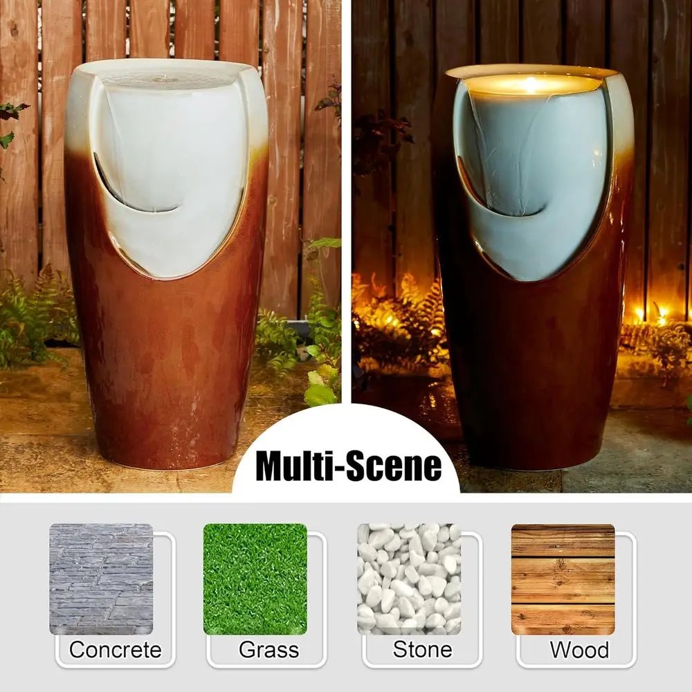 Outdoor Tall Sand Beige Ceramic Vase Fountain with LED Light and Pump for Patio Garden Decor