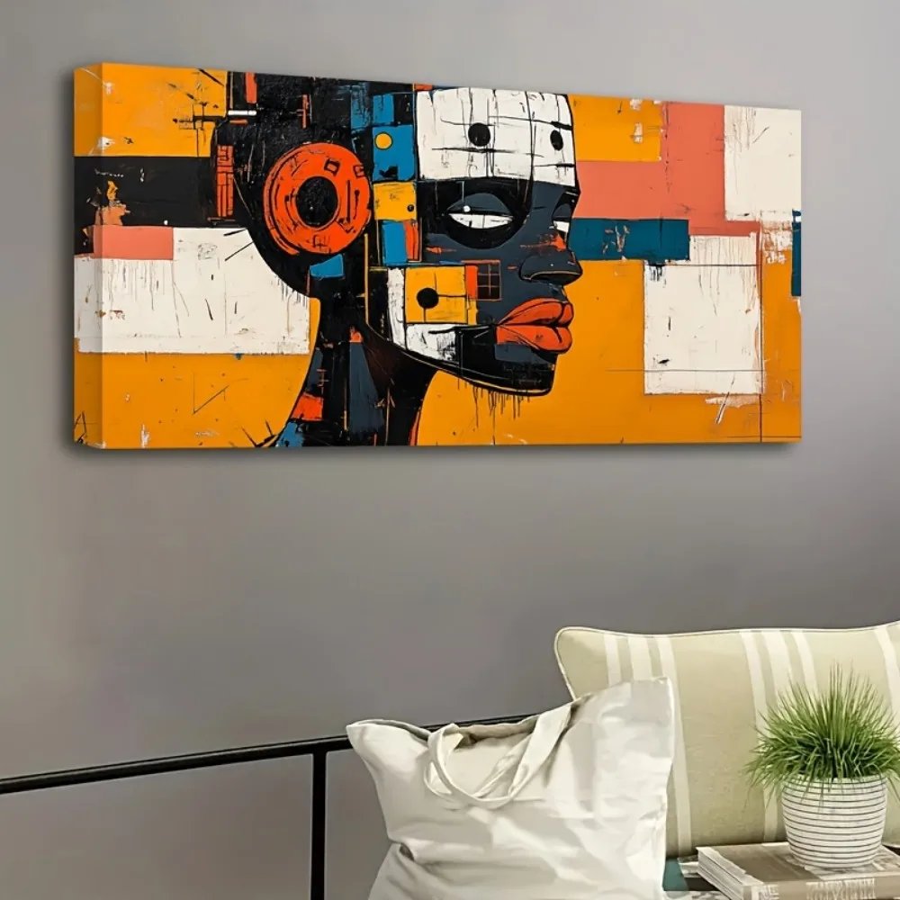 An abstract painting depicting a robot wearing an African mask with a 1.5-inch thick pine solid wood frame An abstract painting depicting a robot wearing an African mask with a 1.5-inch thick pine solid wood frame