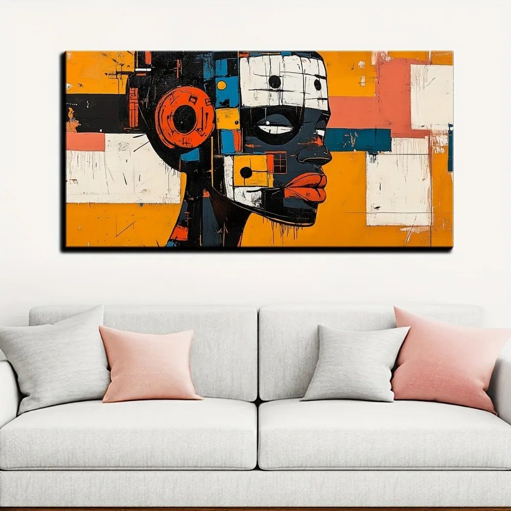 An abstract painting depicting a robot wearing an African mask with a 1.5-inch thick pine solid wood frame An abstract painting depicting a robot wearing an African mask with a 1.5-inch thick pine solid wood frame