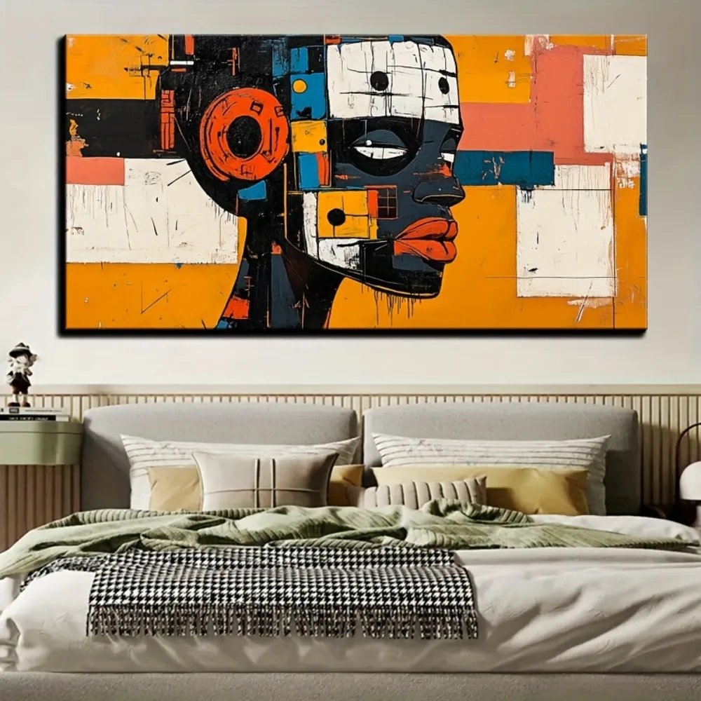 An abstract painting depicting a robot wearing an African mask with a 1.5-inch thick pine solid wood frame An abstract painting depicting a robot wearing an African mask with a 1.5-inch thick pine solid wood frame