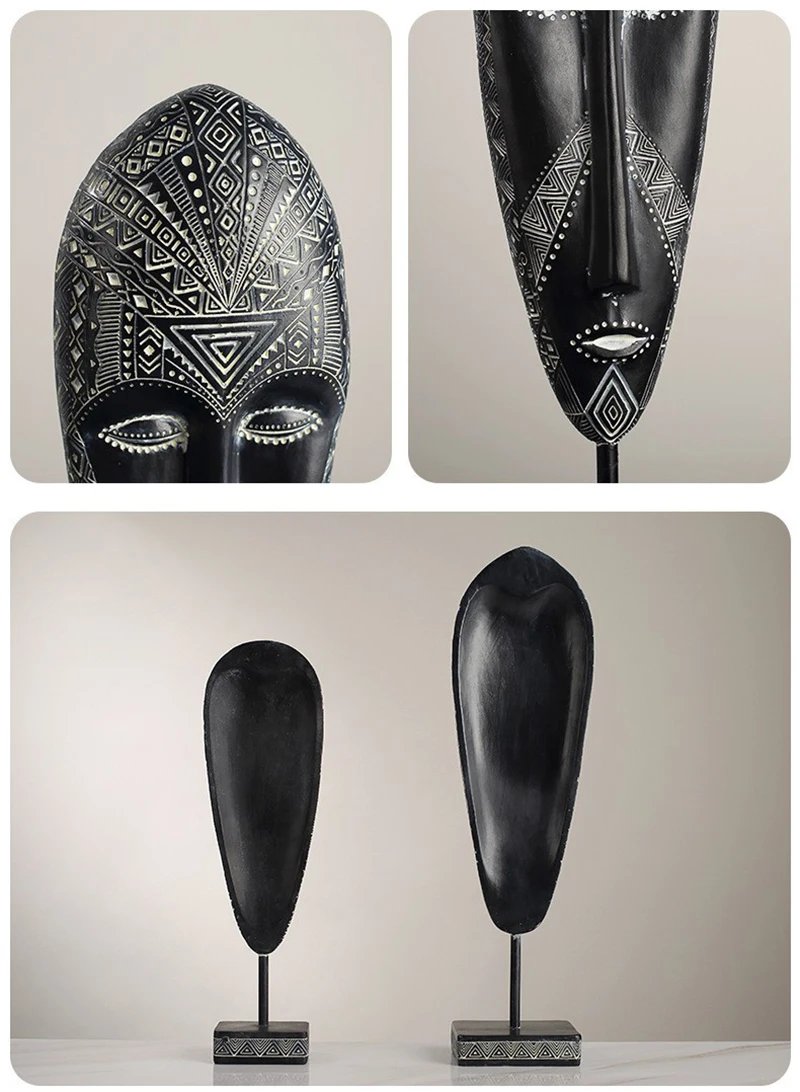 African Style Face Mask Ornament Sculpture Decoration Resin Arts And Crafts Originality Pattern Carving Retro With Base For Home