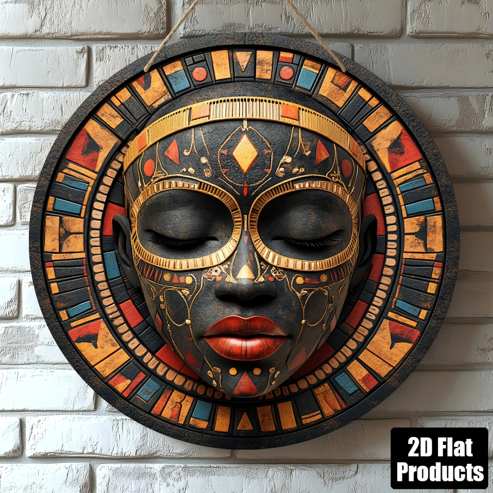 2D Flat, 2D Flat Round Wooden Decorative Painting, Black Golden Orange African Mask Theme Wall Art, Suitable for Bar Kitchen Caf