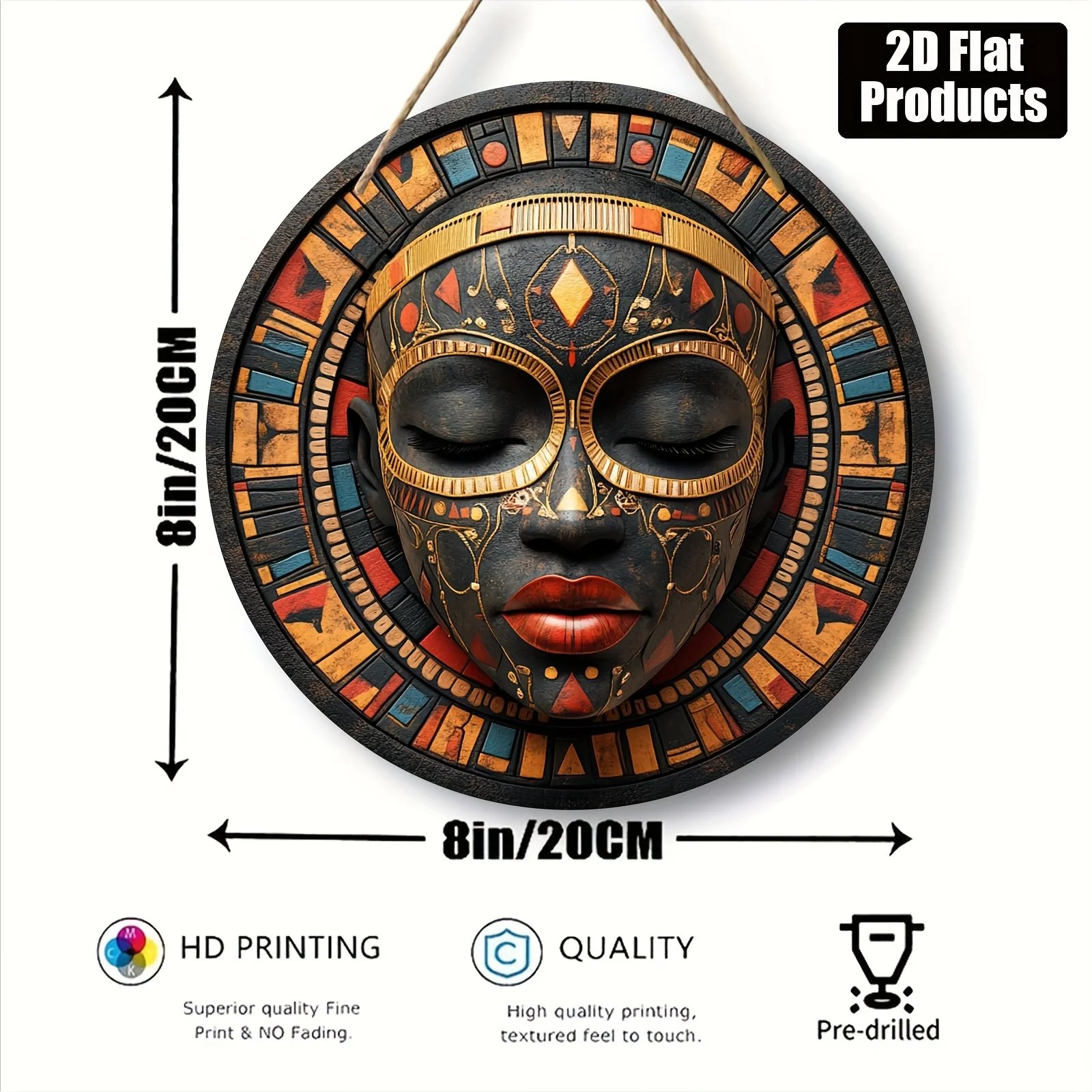 2D Flat, 2D Flat Round Wooden Decorative Painting, Black Golden Orange African Mask Theme Wall Art, Suitable for Bar Kitchen Caf