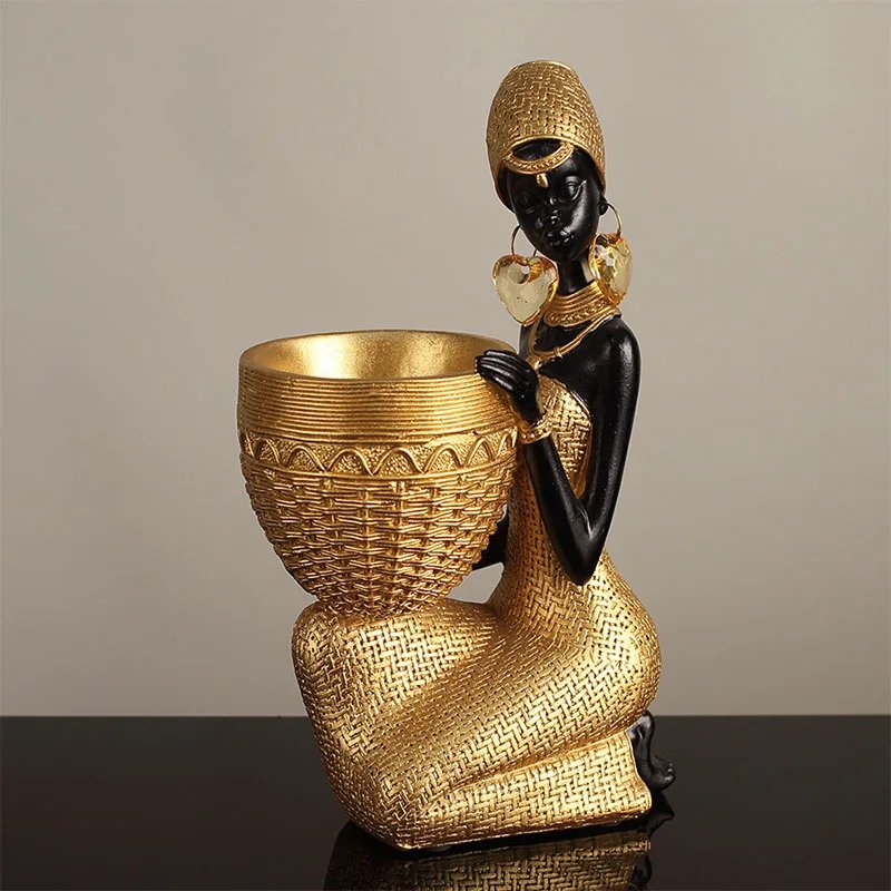 Golden African Woman Resin Sculpture - Image 2