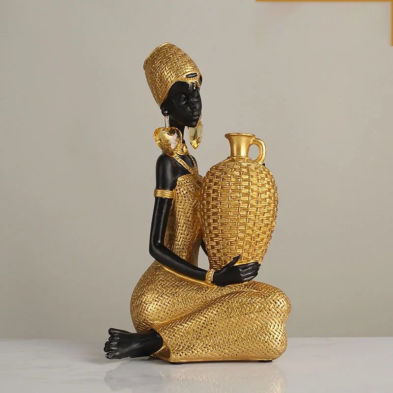 Golden African Woman Resin Sculpture - Image 4