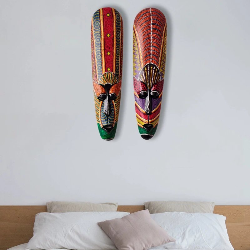 Wooden Mask Wall Hanging Solid Wood Carving Painted Facebook Wall Decor Bar Home Decorations African Totem Mask Crafts