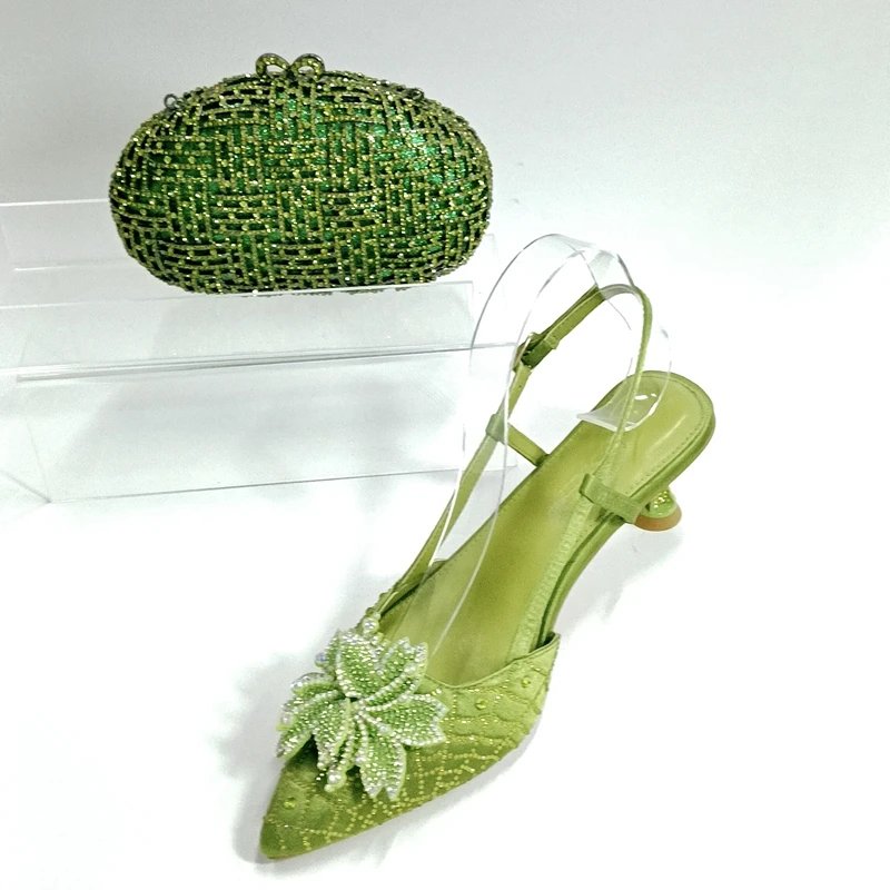 INSIGHTLINK Women Green Gems Shoes and Bag Set Rhinestone Party Wedding Dress Sandals African High heeled Shoes and Bag Set Lady