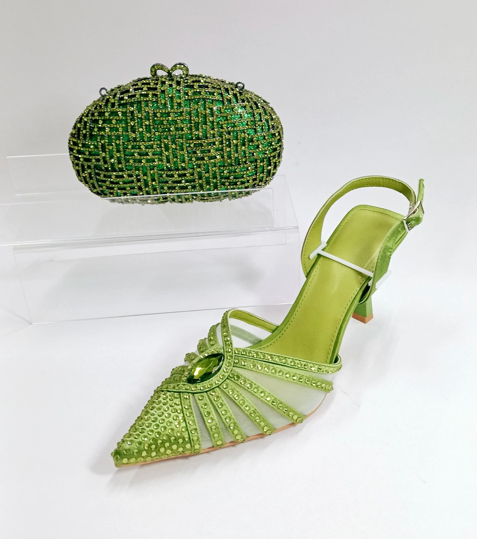 INSIGHTLINK Women Green Gems Shoes and Bag Set Rhinestone Party Wedding Dress Sandals African High heeled Shoes and Bag Set Lady
