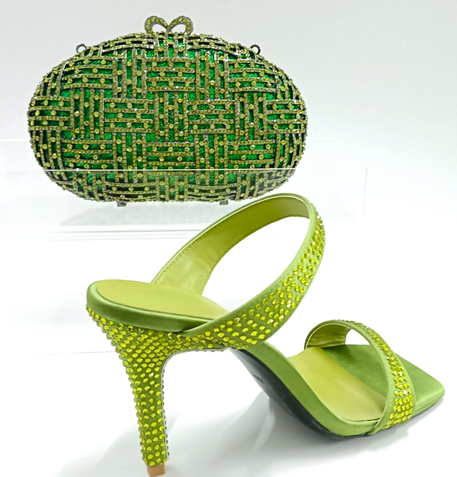 INSIGHTLINK Women Green Gems Shoes and Bag Set Rhinestone Party Wedding Dress Sandals African High heeled Shoes and Bag Set Lady