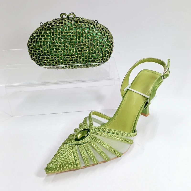 INSIGHTLINK Women Green Gems Shoes and Bag Set Rhinestone Party Wedding Dress Sandals African High heeled Shoes and Bag Set Lady
