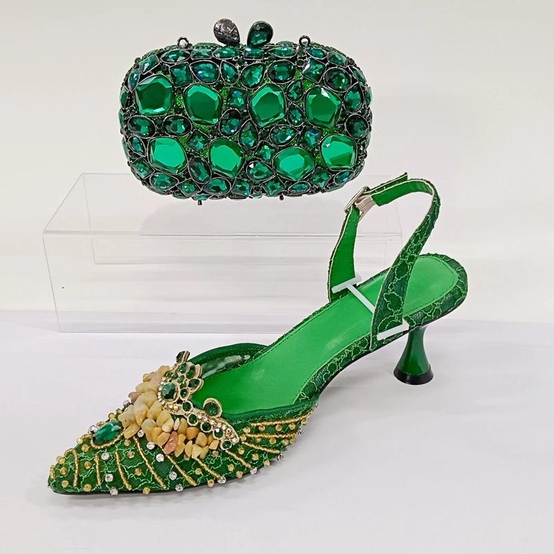 INSIGHTLINK Women Green Gems Shoes and Bag Set Rhinestone Party Wedding Dress Sandals African High heeled Shoes and Bag Set Lady