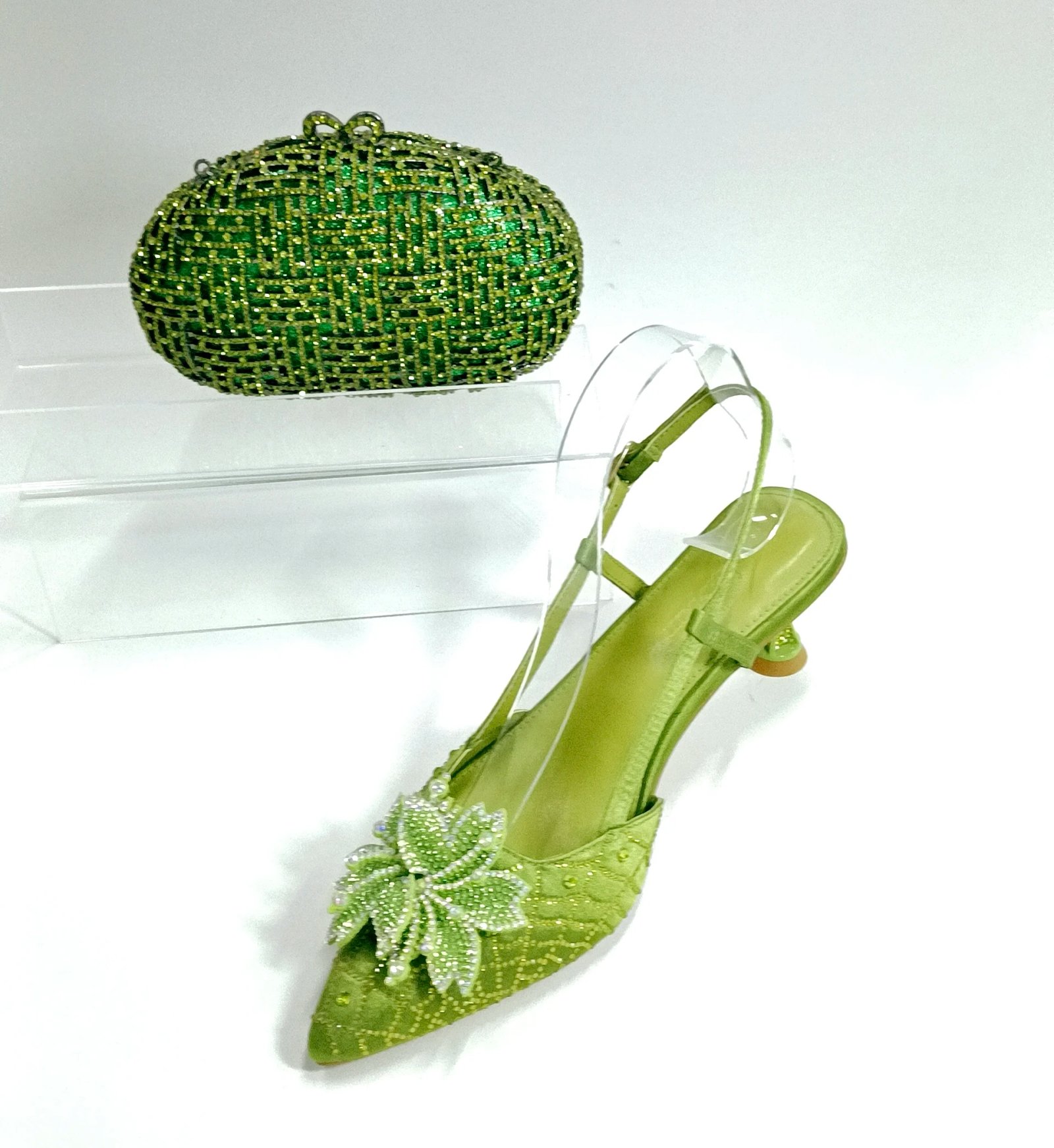 INSIGHTLINK Women Green Gems Shoes and Bag Set Rhinestone Party Wedding Dress Sandals African High heeled Shoes and Bag Set Lady