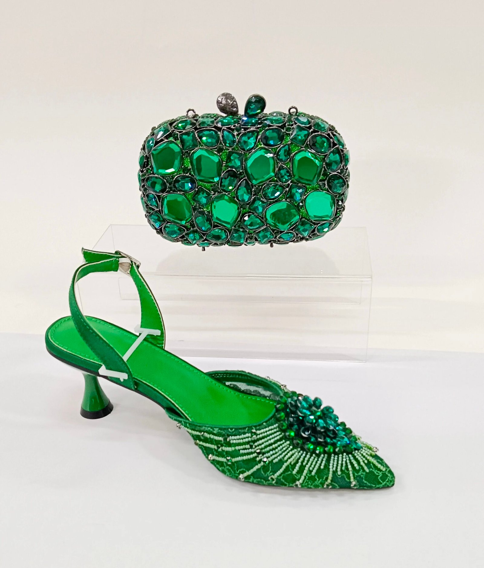 INSIGHTLINK Women Green Gems Shoes and Bag Set Rhinestone Party Wedding Dress Sandals African High heeled Shoes and Bag Set Lady