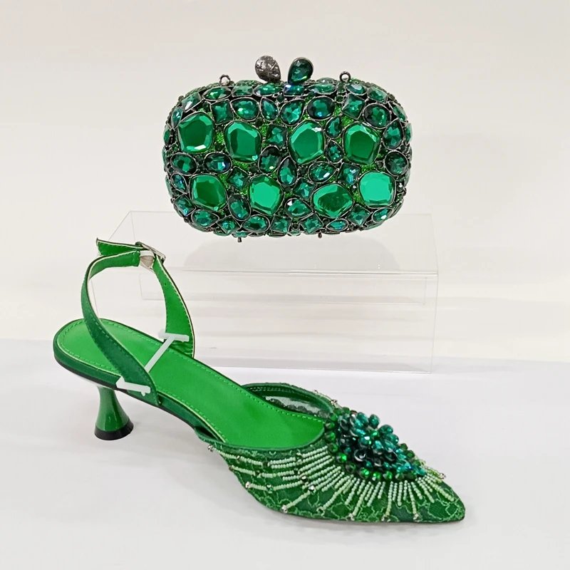 INSIGHTLINK Women Green Gems Shoes and Bag Set Rhinestone Party Wedding Dress Sandals African High heeled Shoes and Bag Set Lady