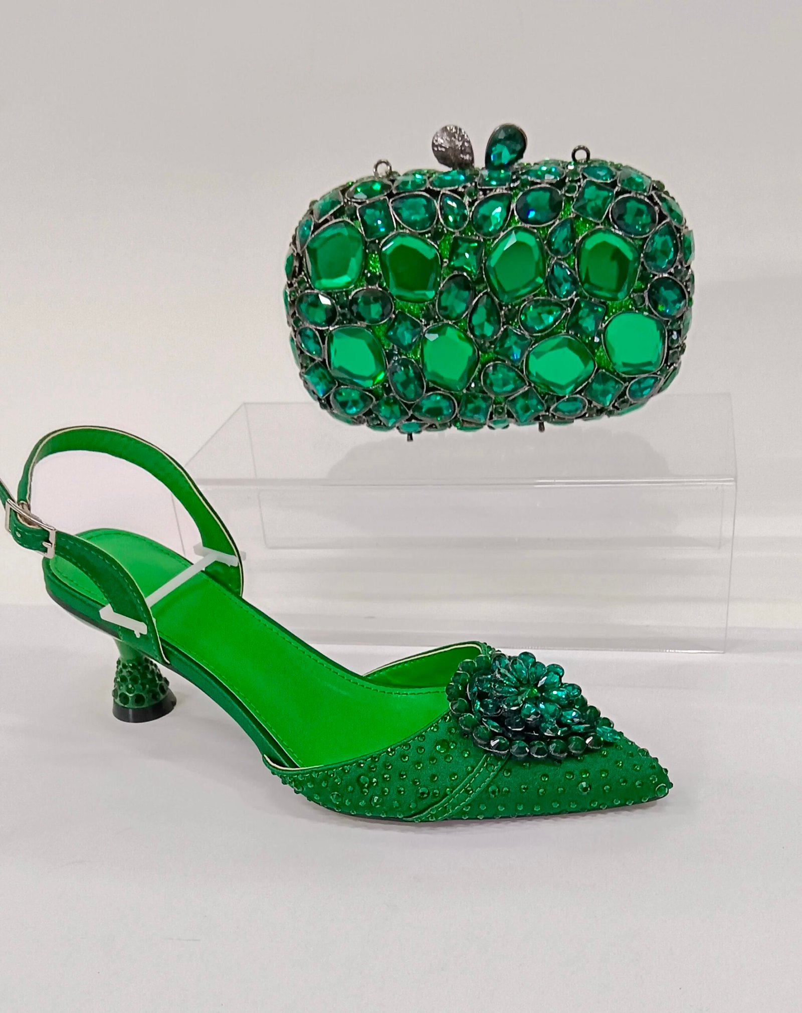 INSIGHTLINK Women Green Gems Shoes and Bag Set Rhinestone Party Wedding Dress Sandals African High heeled Shoes and Bag Set Lady