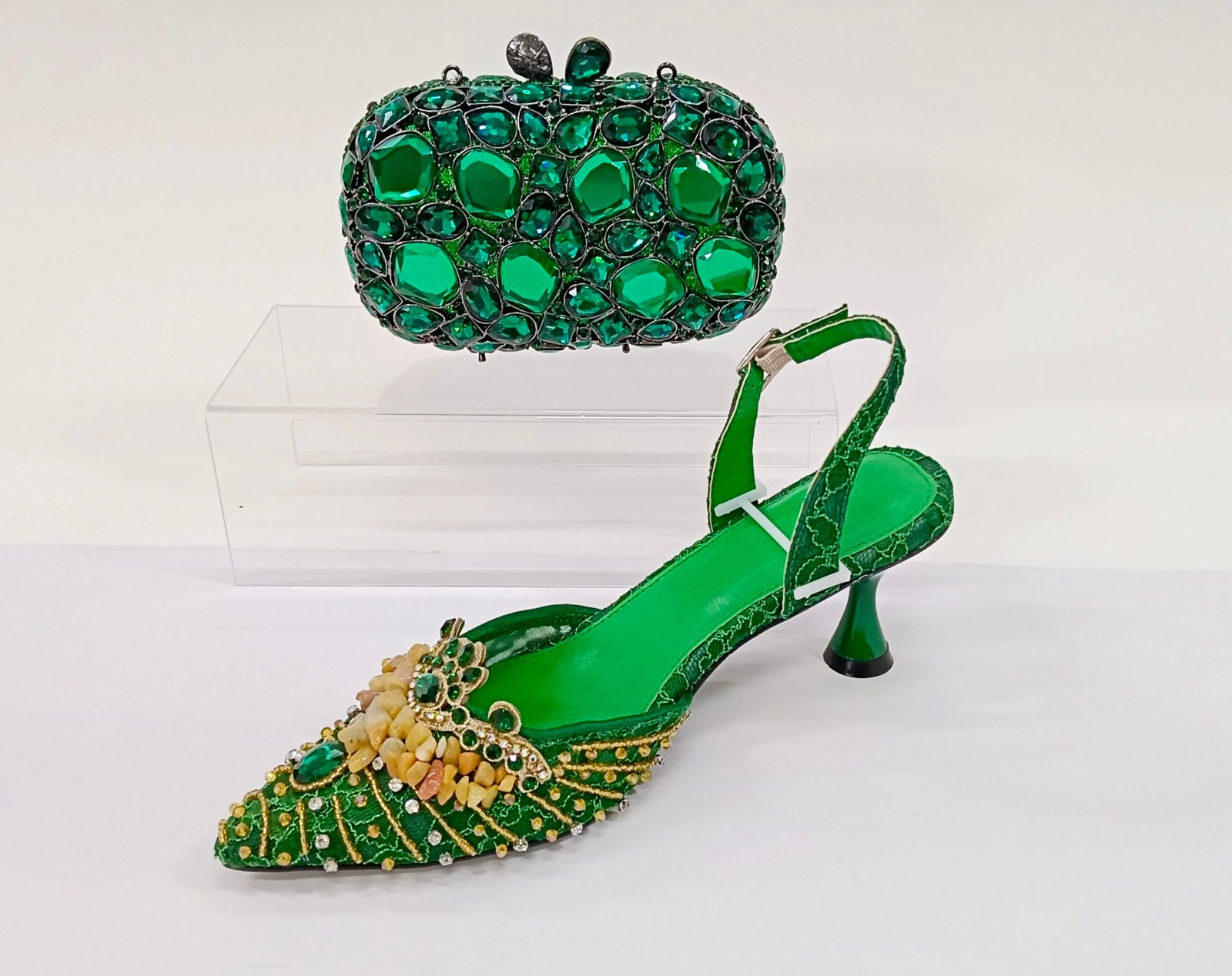 INSIGHTLINK Women Green Gems Shoes and Bag Set Rhinestone Party Wedding Dress Sandals African High heeled Shoes and Bag Set Lady