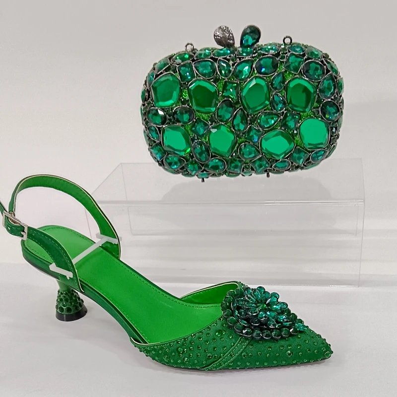 INSIGHTLINK Women Green Gems Shoes and Bag Set Rhinestone Party Wedding Dress Sandals African High heeled Shoes and Bag Set Lady