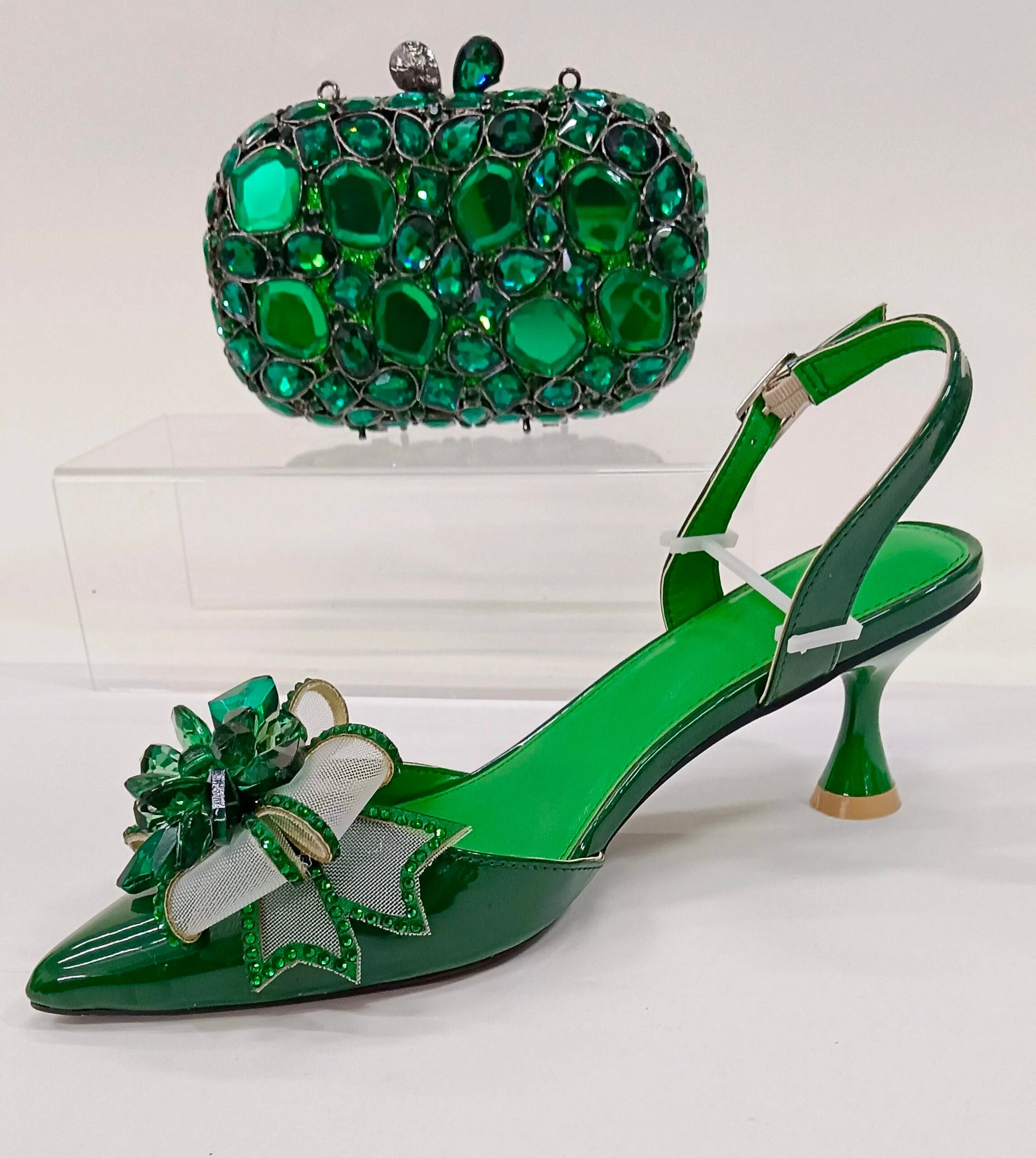 INSIGHTLINK Women Green Gems Shoes and Bag Set Rhinestone Party Wedding Dress Sandals African High heeled Shoes and Bag Set Lady
