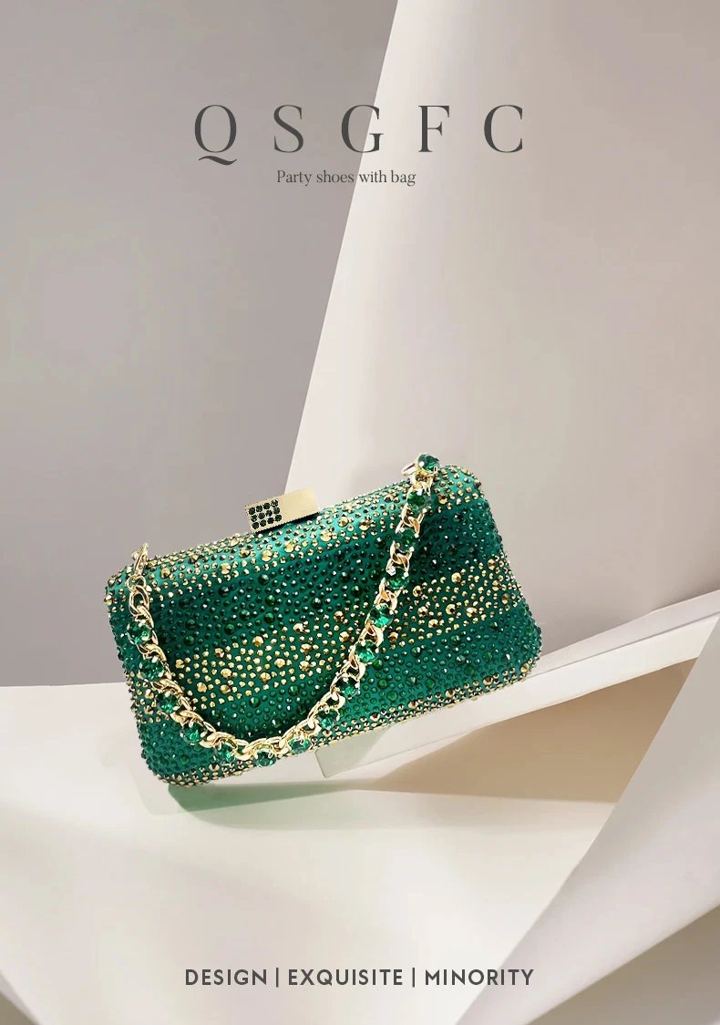 QSGFC Nigerian Women Heel Party Ladies Italian Design Green Shoes And Bag Set Decorated with Rhinestone Handbag Wedding Party