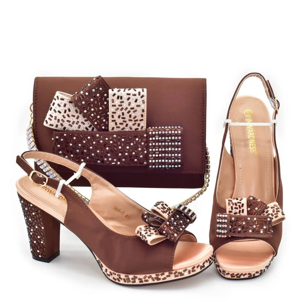 Nigerian Latest Shoes and Bags To Match Rhinestone Design African Shoes and Bag Set in Green Open Toe Comfortable Women Heels