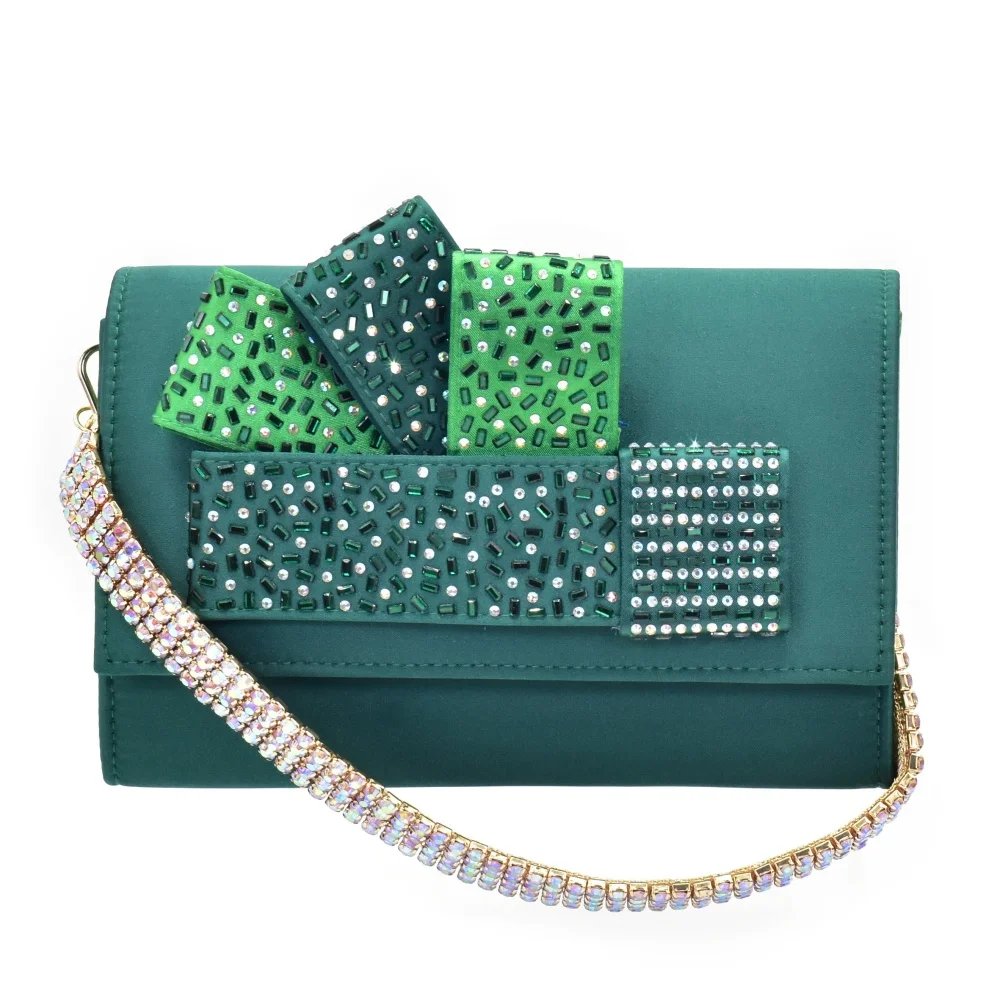 Nigerian Latest Shoes and Bags To Match Rhinestone Design African Shoes and Bag Set in Green Open Toe Comfortable Women Heels