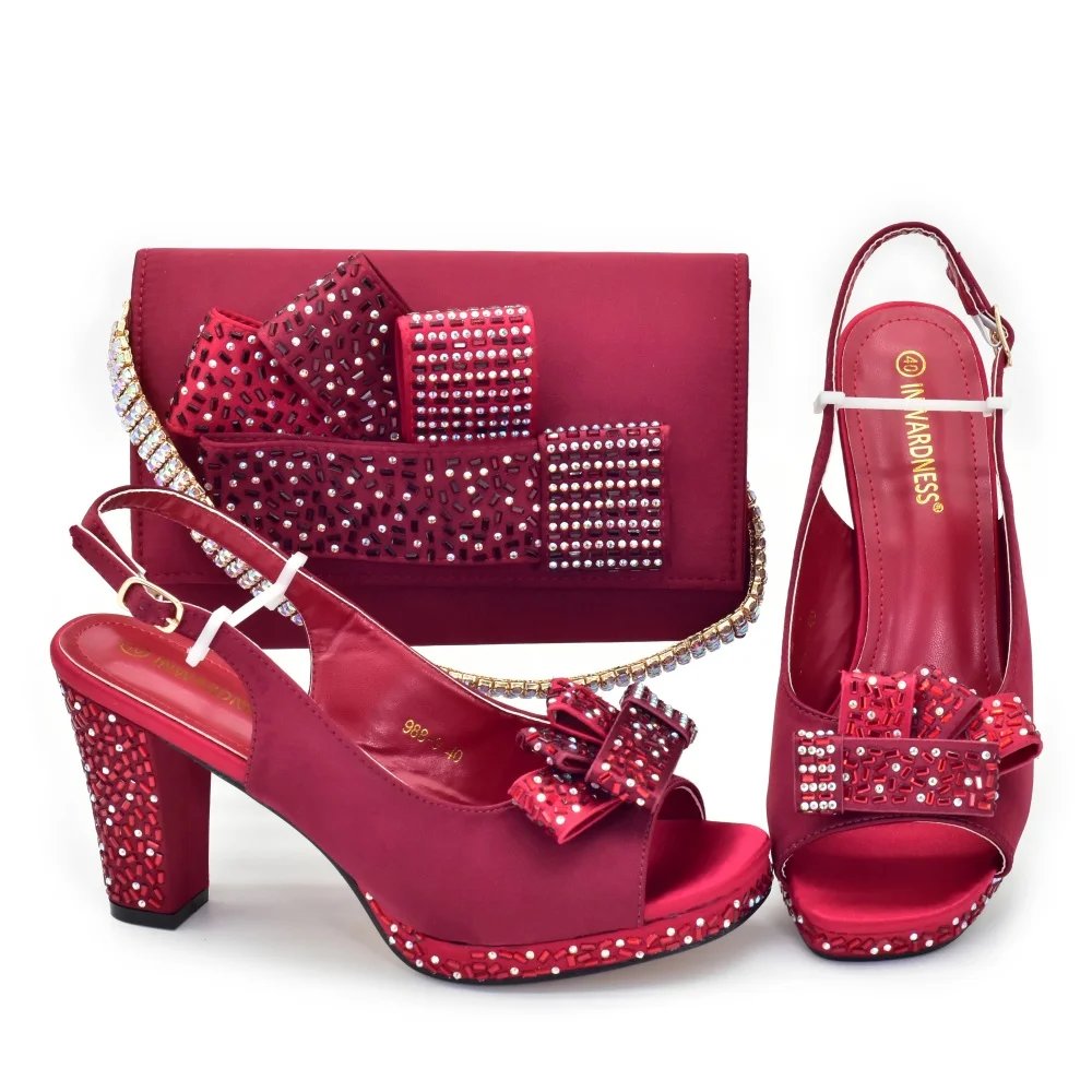 Nigerian Latest Shoes and Bags To Match Rhinestone Design African Shoes and Bag Set in Green Open Toe Comfortable Women Heels