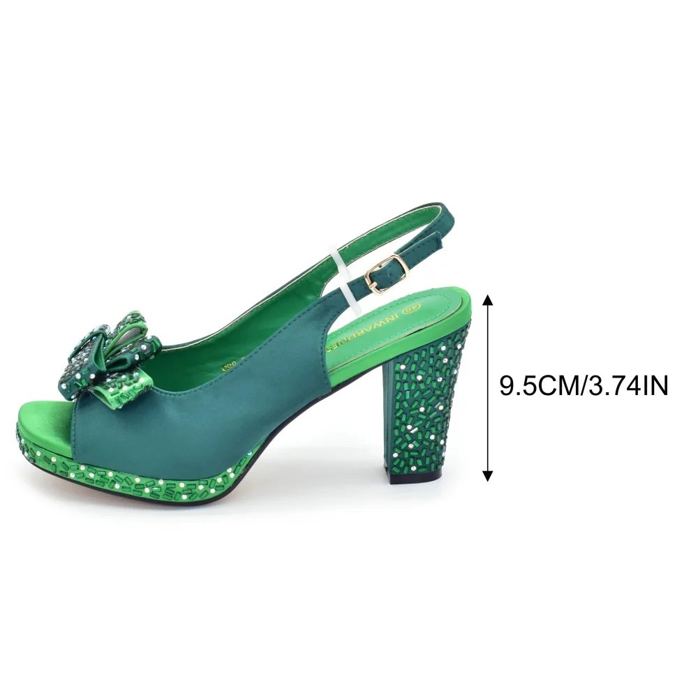 Nigerian Latest Shoes and Bags To Match Rhinestone Design African Shoes and Bag Set in Green Open Toe Comfortable Women Heels