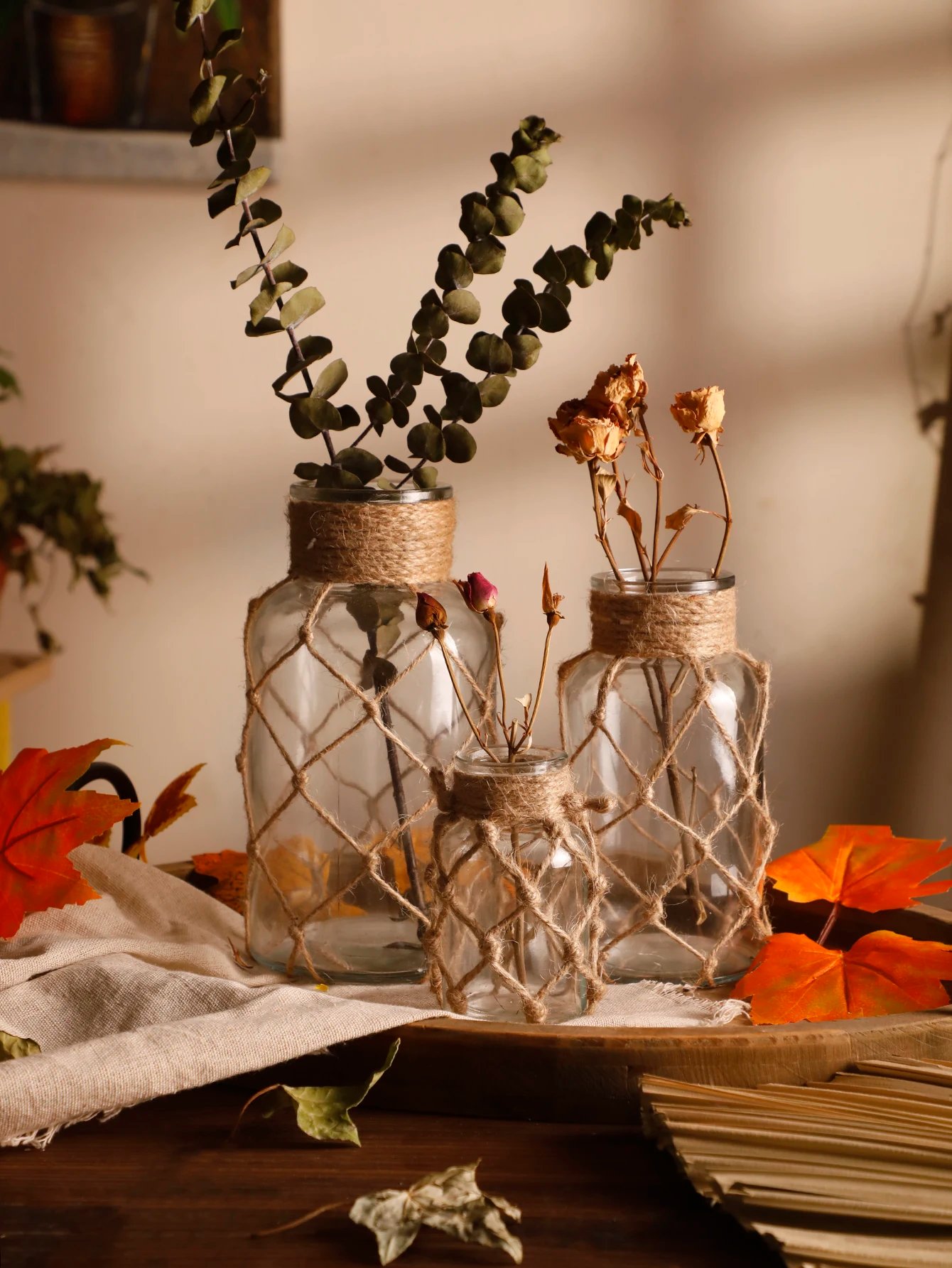 Hand Woven Hemp Rope Glass Vase Dry Flower Decor Art Glass Vase Nordic Living Room Table Decoration Bedroom Boho Home Decoration