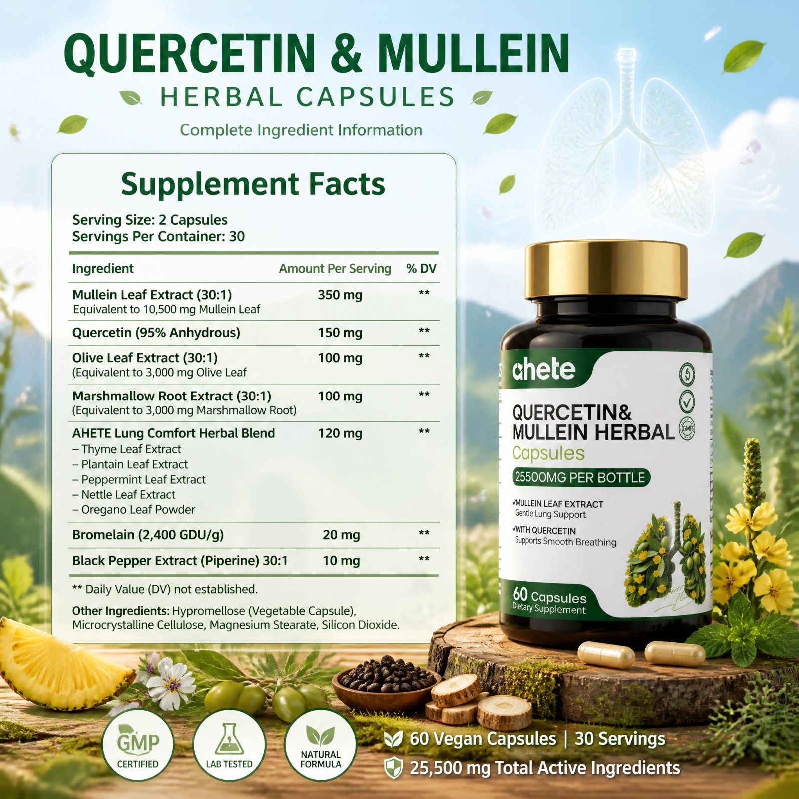 AHETE Mullein Leaf & Quercetin Capsules - High Potency Mullein And Quercetin, Lung Support Formula. Supports Respiratory Health. - Image 2