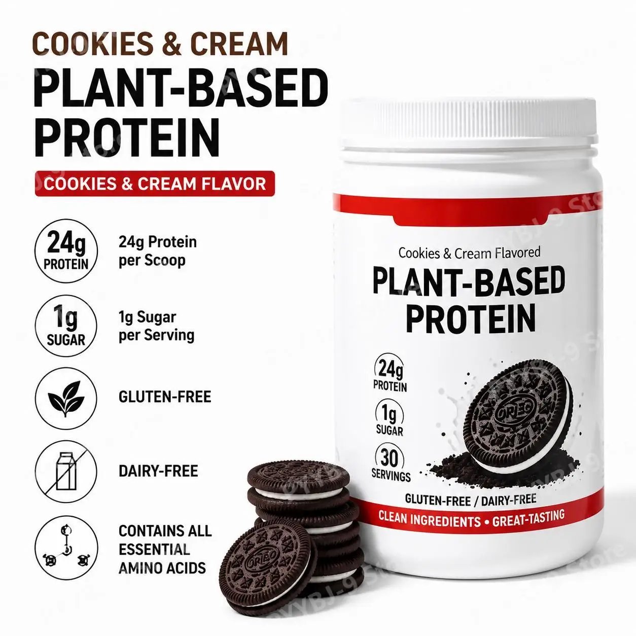 Cookies & Cream Flavor Plant-Based Protein Powder, 24g Protein, Essential Amino Acids, Gluten-Free, Dairy-Free Vegan 30 Servings