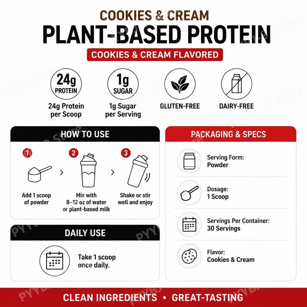 Cookies & Cream Flavor Plant-Based Protein Powder, 24g Protein, Essential Amino Acids, Gluten-Free, Dairy-Free Vegan 30 Servings