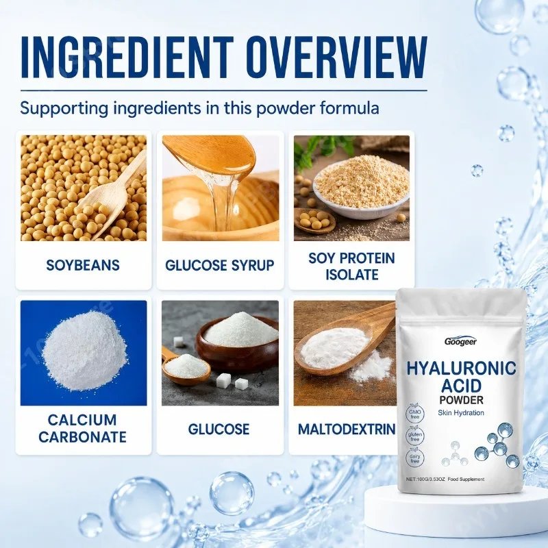 Googeer Hyaluronic Acid Powder with Soy Protein Calcium Daily Wellness Support Unflavored 100g