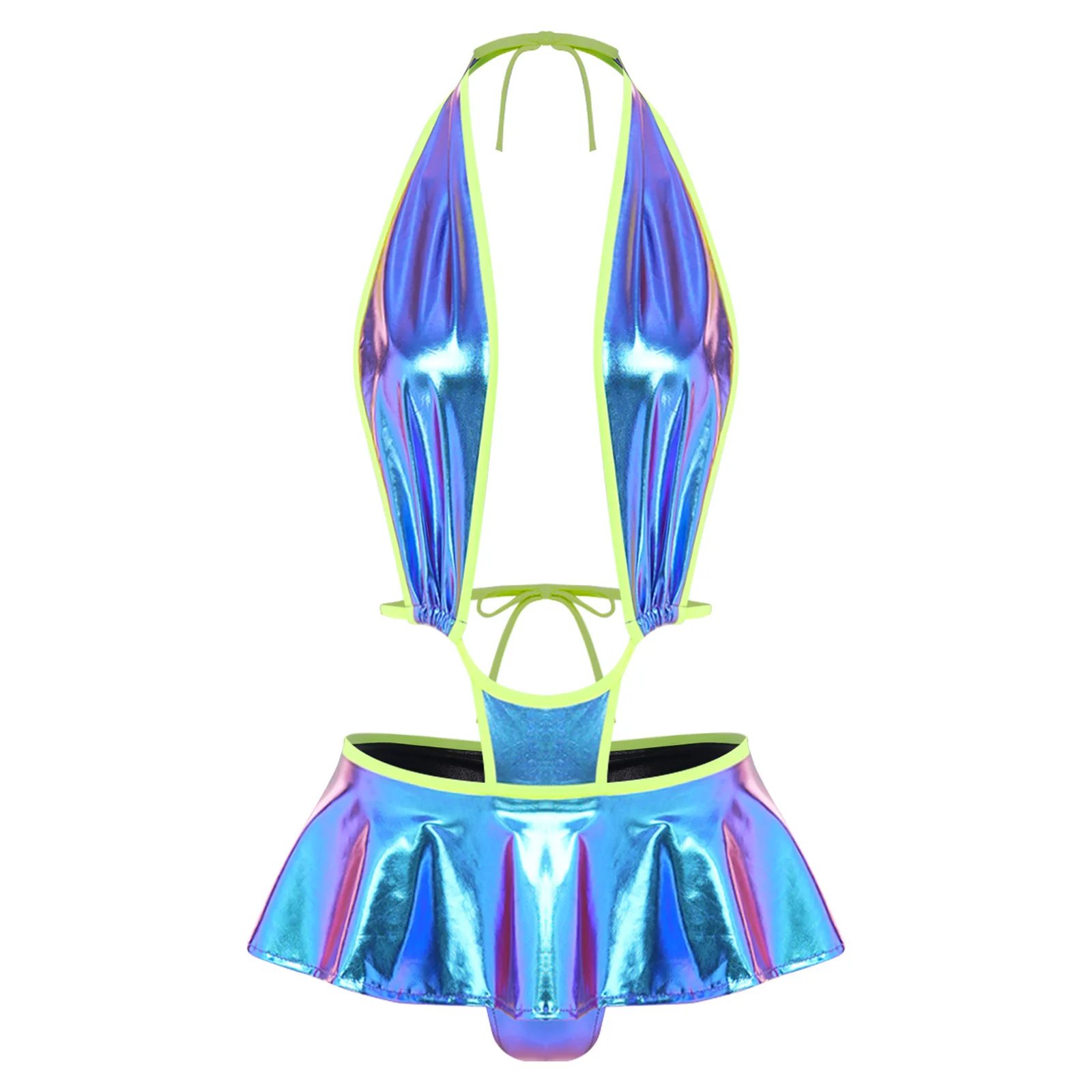 Womens Shiny Metallic Deep V Neck Monokini One Piece Swimsuit Lace-up Halter Neck Hollow Out Ruffled Skirted Bikini Bathing Suit - Image 5