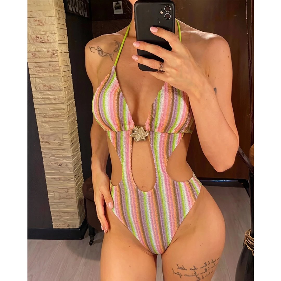 Striped Colorful Halter Cut Out Bather Bathing Suit Swim One Piece Swimsuit Women Swimwear Female Monokini High Leg Cut K8304 Striped Colorful Halter Cut Out Bather Bathing Suit Swim One Piece Swimsuit Women Swimwear Female Monokini High Leg Cut K8304