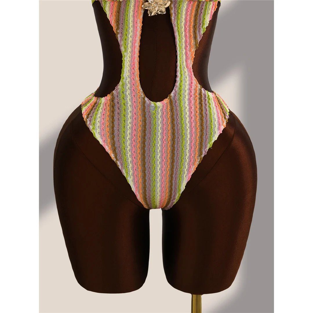 Striped Colorful Halter Cut Out Bather Bathing Suit Swim One Piece Swimsuit Women Swimwear Female Monokini High Leg Cut K8304 Striped Colorful Halter Cut Out Bather Bathing Suit Swim One Piece Swimsuit Women Swimwear Female Monokini High Leg Cut K8304