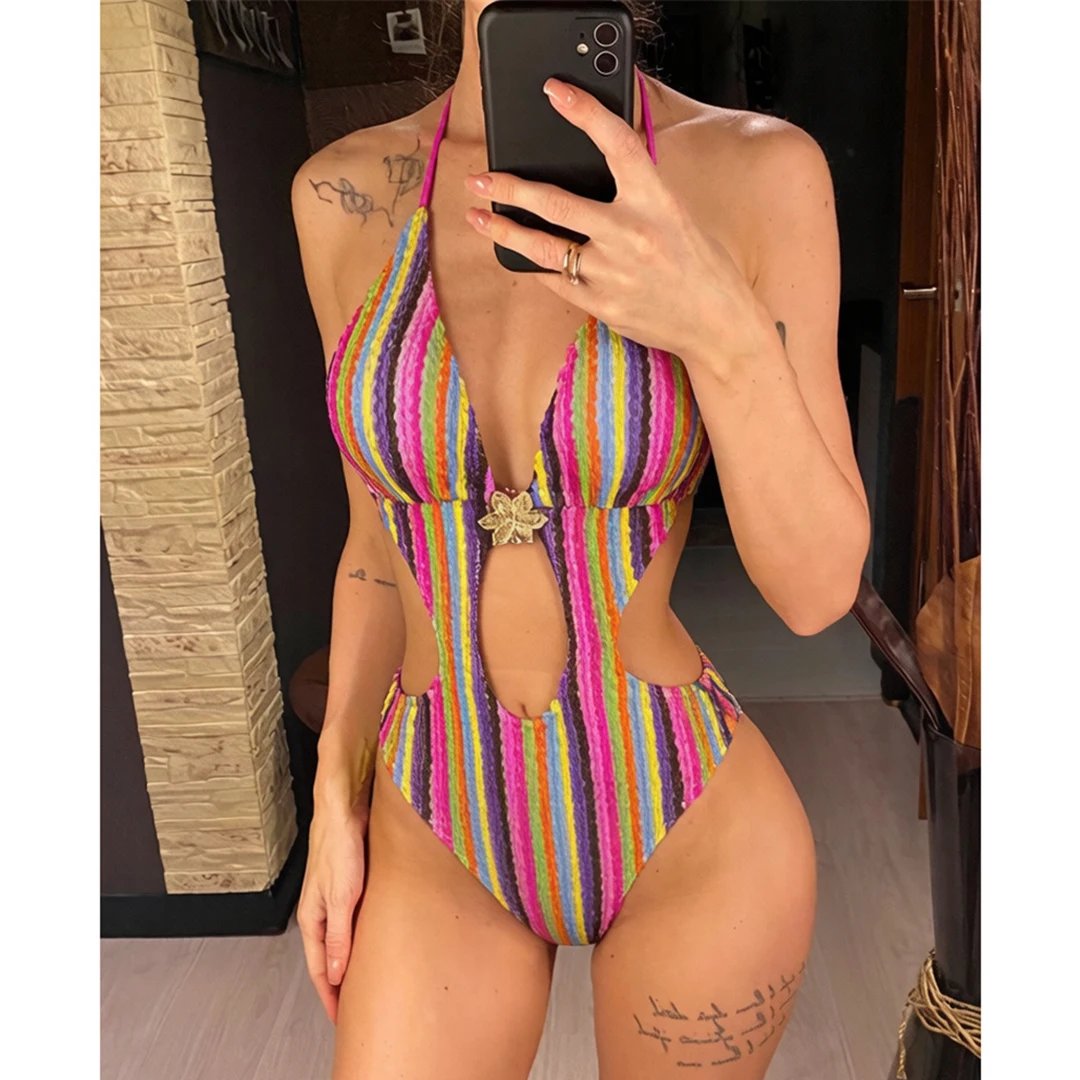 Striped Colorful Halter Cut Out Bather Bathing Suit Swim One Piece Swimsuit Women Swimwear Female Monokini High Leg Cut K8304 Striped Colorful Halter Cut Out Bather Bathing Suit Swim One Piece Swimsuit Women Swimwear Female Monokini High Leg Cut K8304