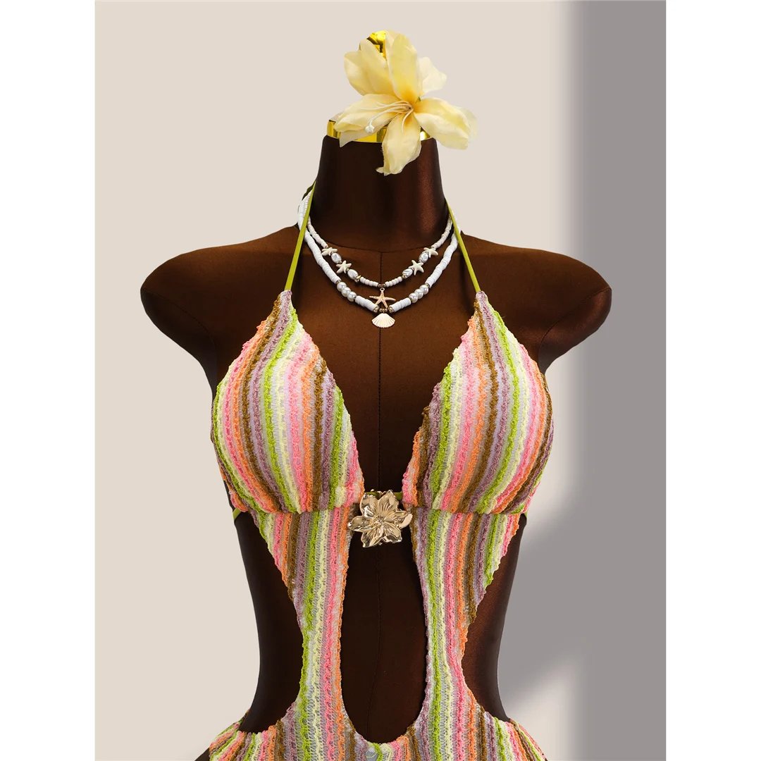 Striped Colorful Halter Cut Out Bather Bathing Suit Swim One Piece Swimsuit Women Swimwear Female Monokini High Leg Cut K8304 Striped Colorful Halter Cut Out Bather Bathing Suit Swim One Piece Swimsuit Women Swimwear Female Monokini High Leg Cut K8304