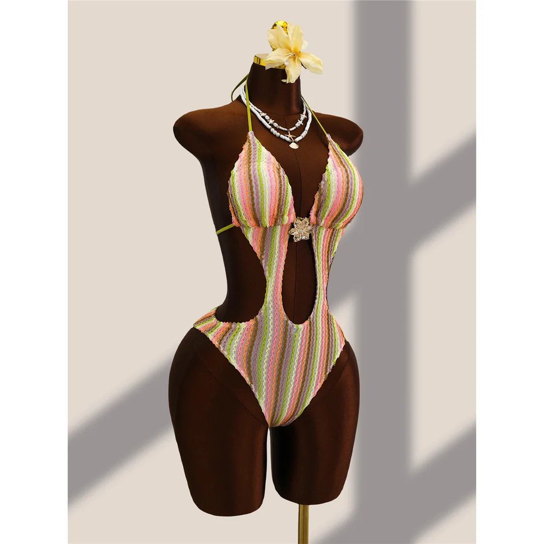 Striped Colorful Halter Cut Out Bather Bathing Suit Swim One Piece Swimsuit Women Swimwear Female Monokini High Leg Cut K8304 Striped Colorful Halter Cut Out Bather Bathing Suit Swim One Piece Swimsuit Women Swimwear Female Monokini High Leg Cut K8304