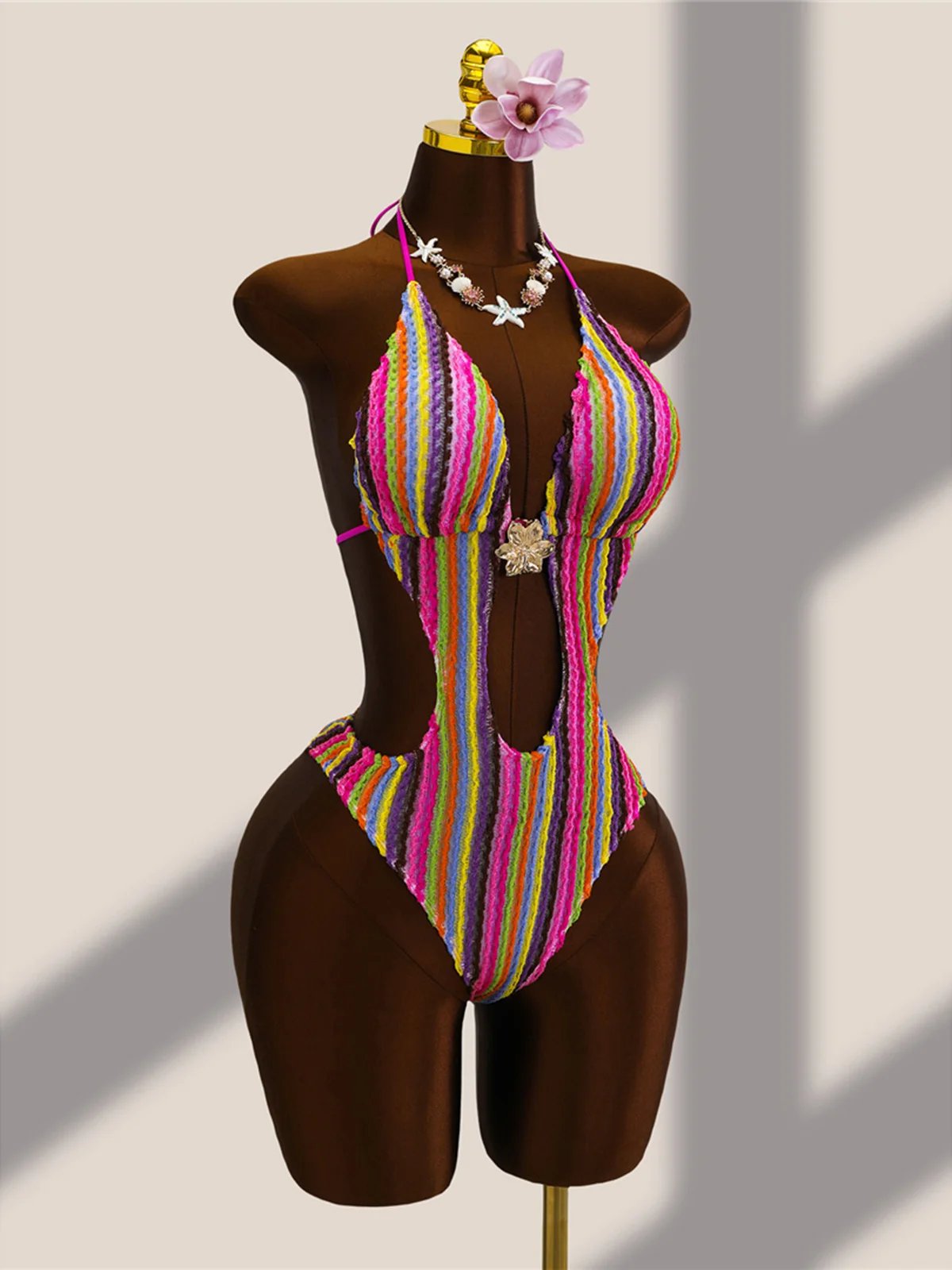 Striped Colorful Halter Bathing Suit - Image 2