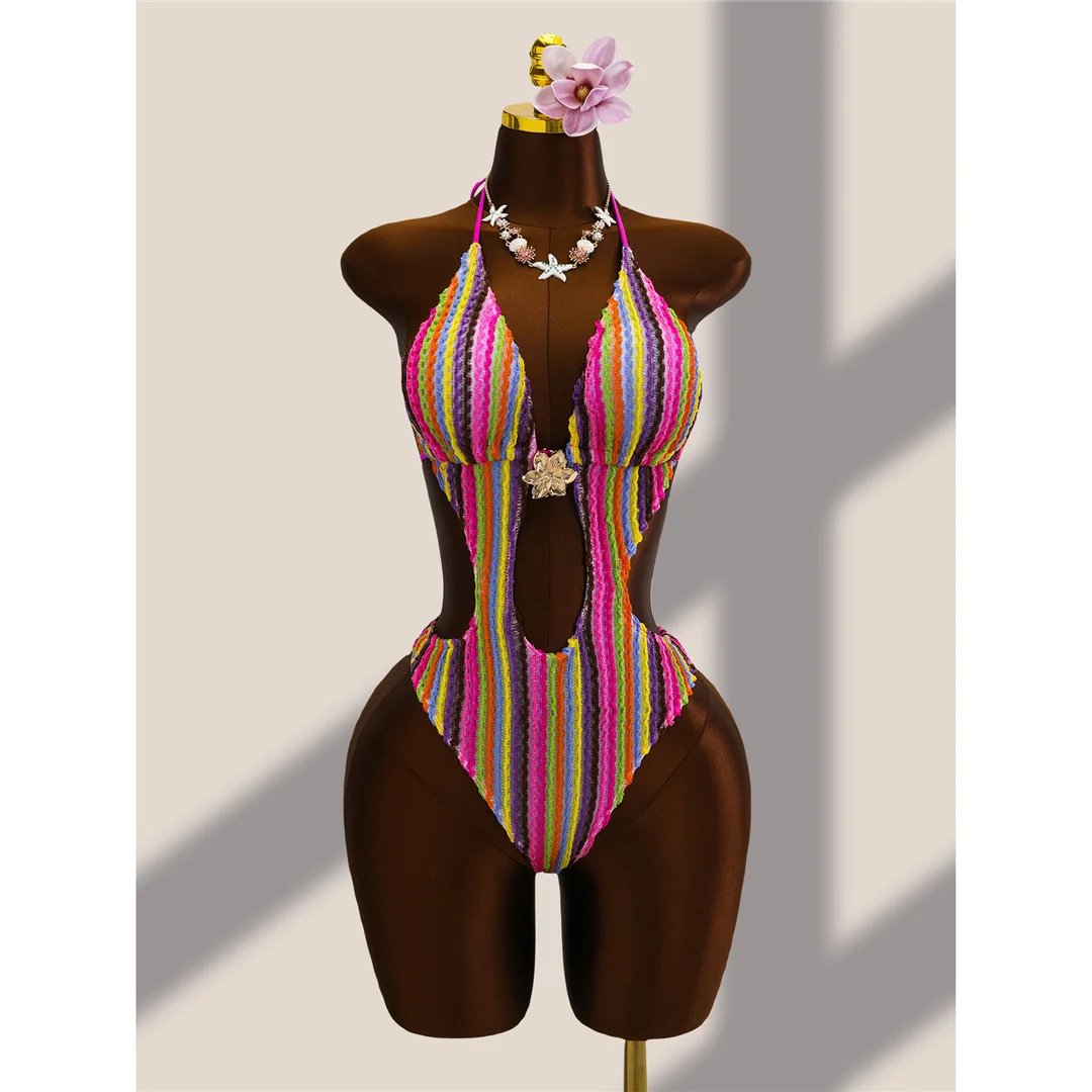 Striped Colorful Halter Cut Out Bather Bathing Suit Swim One Piece Swimsuit Women Swimwear Female Monokini High Leg Cut K8304 Striped Colorful Halter Cut Out Bather Bathing Suit Swim One Piece Swimsuit Women Swimwear Female Monokini High Leg Cut K8304